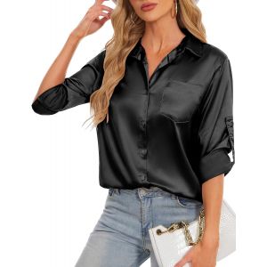 Utigh-Chemisier Pour Femmes Manches Longues Chemise À Col En V La Soie Élégante Casual Tops Chemisier Uni De Travail À Boutons Sur Le Devant Top De Soirée Business - Neuf