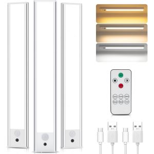Lampe De Placard 3 Piece Lampe D&eacute;tecteur De Mouvement Interieur 31cm, T&eacute;l&eacute;commande, 3 Temp&eacute;ratures De Couleur Lampe Led Rechargeable Cuisine R&eacute;glette Luminosit&eacute; R&eacute;glable Veilleuse Couloir Escalier - Neuf