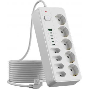 9 Prises Multiprise, 15 en 1 Multiprise Parafoudre avec USB (5 USB C+1 USB A), Prise Multiple Murale avec Interrupteur C&acirc;ble 1.8M pour Bureau, Maison (Blanc) - Neuf