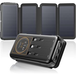 HUI-Chargeur-Solaire-25000Mah-20W-Batterie-Externe Sans Fil Avec 3 Câbles Et 4 Panneaux Pd Qc 3.0 Usb C Charge Rapide Avec Lampe De Poche Pour Smartphone,Tablette,Camping (Noir) - Neuf
