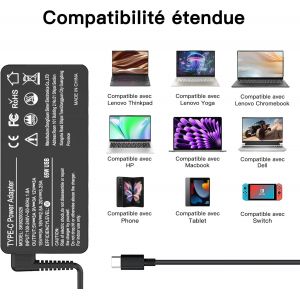 Chargeur Usb C 65W Compatible Avec Lenovo Thinkpad T480 T490S T480S T490 T580 E490 E590 X280 X380 L380 Chrombook 300E S330 C330 500E Yoga 720 910 920 Ordinateur Portable - Neuf