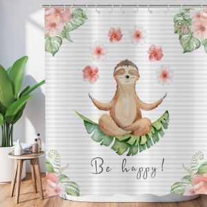 Rideau De Douche Amusant 120x180 Cm,Drôle D'arbre Loutre Yoga Rose Fleurs Feuilles Tropicales Vert Lavable Rideaux Douche Textile Imperméable Rideau De Bain Pour Baignoire Avec 8 Crochets - Neuf