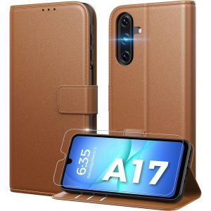 AEFJ-Coque pour Samsung Galaxy A17 5G [Verre Trempé Protection] [Blocage du Signal RFID] [Premium PU] [Pochette de Portefeuille] Etui à Rabat pour Samsung A17 -Brun - Neuf