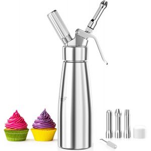 JEXNOVASHOP-500ml Siphon Chantilly, Siphon à Crème en Aluminium avec 3 Douilles en Acier Inoxydable et 1 Brosse de Nettoyage pour Décoration Gâteaux d'anniversaire Pâtisserie Crème Glacée et Desserts - Neuf