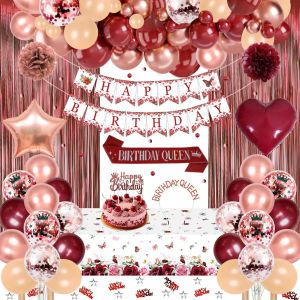 CAUC-Decoration Anniversaire Rouge Rose Or Ballons D&eacute;corations Kit Banderole Joyeux Anniversaire Pom Poms Confetti Echarpe Couronne Deco Rideau Nappe Couronne pour Fille Femme - Neuf
