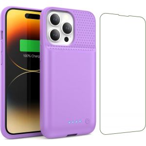 SJZG-Coque Batterie Pour Iphone 14/13 Pro/13, [7500Mah] Batterie Externe Rechargeable,Puissante Chargeur Portable Boitier D`Extension Avec Verre Tremp&eacute; Batterie L'&Eacute;tui Pour Iphone 14/13 Pro/13-Pourpr - Neuf