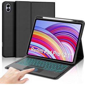 Coque Clavier Pour Redmi Pad Pro 12.1 Pouces Avec Pav&eacute; Tactile, Azerty Fran&ccedil;ais Clavier Bluetooth Magn&eacute;tique D&eacute;tachable Avec 7 Couleurs R&eacute;tro&eacute;clair&eacute;es Pour Tablette Xiaomi Poco Pad 12.1"" 2024, Noir - Neuf