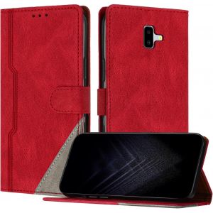 Kal-Étui Pour Samsung Galaxy J6 Plus 2018, Housse En Cuir Pu Avec [Protection Antichoc Tpu] [Fonction Support] [Porte-Cartes ] Antichoc Magnétique Coque Pour Galaxy J6 Plus 2018 - Rouge - Neuf