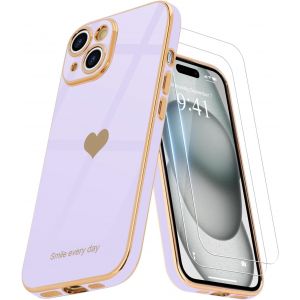 Kal-Coque Compatible Avec Iphone 15 Plus + 2 Films De Protection D'écran, Coque Pour Fille, Coque De Protection D'appareil Photo Galvanisée Pour Iphone 15 Plus, Fleurs Violet - Neuf