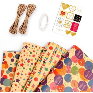 Papier Cadeau D'anniversaire,8 Feuilles 70x50cm Papier Cadeau Kraft Avec Ruban Adhésif 2 Cordes De Chanvre 12 Pendentifs En Papier Kraft Pour La Fête Des Enfants, La Saint Valentin - Neuf