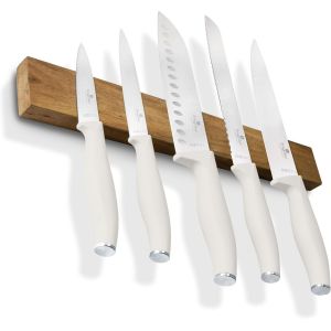 Checarzhn--No1-Sahara Collection Sahara Lot De 6 Couteaux En Acier Trempé Inoxydable 3cr13 Avec Porte-Couteaux Magnétique En Bois D'acacia, Crème Mate - Neuf