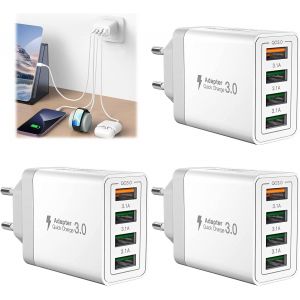 LORANKA-3 Pcs Chargeur USB, Bloc d'alimentation Qc3.0 Station De Charge Prise USB Multiprise 33 W Chargeur 4 Ports Chargeur Rapide Compatible avec Iphone 12/13/14/15/16/Samsung S22/S23/S24 Etc - Neuf