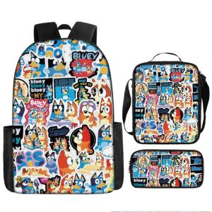 Ensemble de 3 sacs à dos d'ecole pour enfants Bluey, sac décontracté pour enfants, cartable, sac à dejeuner, trousse à crayons - Neuf