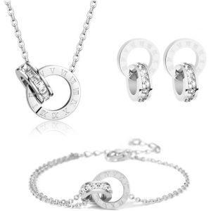 Kalanka-Parure Ensemble De Bijoux Femme Chiffres Romains Cercle Zircon Cubique Acier Inoxydable Plaqué Or 18k Argent Boucles D'oreilles Bracelet Collier Élégantes Mariage Soirée Cadeau - Neuf