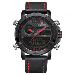 Montre-Bracelet Electronique Tendance Naviforce Pour Homme, Etanche, Avec Ceinture En Pu (Boitier Noir Et Rouge) - Neuf