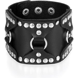 Kal-Large 5.5cm Bracelet Cuir Composé Rivets Alliage Pour Homme Garçon Motard Bracelet Manchette Réglable Punk Rock Personnalisable Fantasie Cadeaux Anniversaire - Neuf