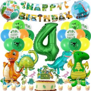 CAUC-Decoration Anniversaire Dinosaure 4 Ans, XXL Ballons Dinosaure 4 Ans Gar&ccedil;on, avec D&eacute;coration de G&acirc;teaux, Happy Birthday Banni&egrave;re, pour Vert Jungle Th&egrave;me Deco Anniversaire F&ecirc;te Gar&ccedil;on Enfants - Neuf