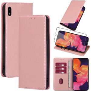 KAL-Coque Cuir Pour Samsung Galaxy A10 6.2"" Avec 1 Verre Tremp&eacute; Etui &Agrave; Rabat En Pu Porte-Cartes Portefeuille Support Flip Housse Magn&eacute;tique Antichoc Anti-Rayures Case,Rose-Gold - Neuf