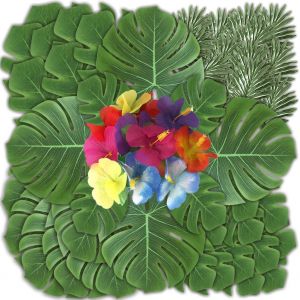 Lot de 100 feuilles de palmier 8 types de feuilles palmier artificielles avec tiges Plante tropicale Feuilles palmier et feuilles monstres Feuilles pour jungle Beach Hawaiian Wedding Party Décoration - Neuf