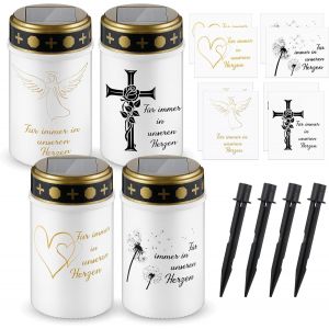 4 Pièces Lampe Funéraire Solaire Résistante Aux Intempéries Lampe Funéraire Led Et 8 Autocollants Avec Texte Für Immer In Unseren Herzen Bougies De Cimetière À Énergie Solaire Pour L'extérieur - Neuf