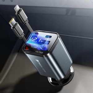 4-in-1 Cigarette Lighter USB C 65W Retractable Car Charger Car Accessories, Quick Charger with Type-C Cable/USB C/USB A Port, Compatible with iPhone, Samsung Galaxy - Neuf