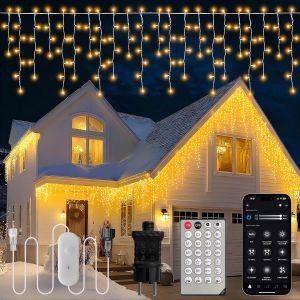 Guirlande Stalactite Exterieur 10M, IP44 &Eacute;tanche Connectable Rideau Lumineux No&euml;l Exterieur/Interieur pour No&euml;l Balcon Rideau F&ecirc;te Jardin (Blanc Chaud, 10M) - Neuf