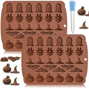 Jexnovashop-Moules À Chocolat D'halloween 2 Pièces Moules À Chocolat Halloween En Silicone,Halloween Bonbons Moules Avec 1 Compte-Gouttes Moule À Chocolat Pour Faire Bonbons, Gelée, Biscuits,Fondant - Neuf