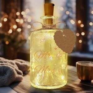 TRAHOO-Lampe LED pour bouteille avec inscription &iquest; Mr & Mrs, cadeau d'argent, cadeau de mariage, cadeaux pour femme avec guirlande lumineuse, liste de souhaits, &eacute;tiquette d'amour &iquest; pour jeunes mari&eacute;s - Neuf