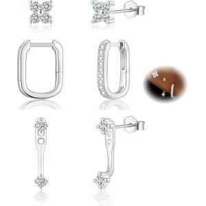 Kal-Lot De 3 Paires De Boucles D'oreilles Tr&egrave;fle &Agrave; Quatre Feuilles Argent&eacute;, Zircone Cubique - Neuf