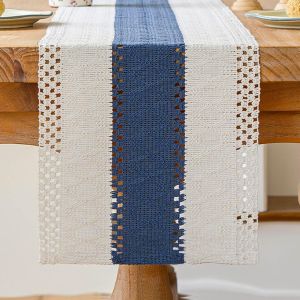 Chemin De Table Beige Et Bleu Marine Boho Table Decor Macramé Crochet Dentelle Moderne Centre Nappe Décoration Étroit Vintage Ferme Court Mariage Fête Table Décoration Extérieur 30x140 Cm - Neuf