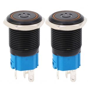 Interrupteur metallique autobloquant noir, protection IP65, avec lampe LED et symbole, 16 mm (jaune 220 V CA), 2 pieces - Neuf