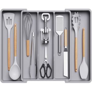 Eryi-Range Couverts Pour Tiroir, Grand Plateau De Couverts Extensible Pour La Cuisine, Support Réglable Pour L'argenterie Et Les Couverts, Range Couvert Pour Outils Et Gadgets, Grand, Gris - Neuf