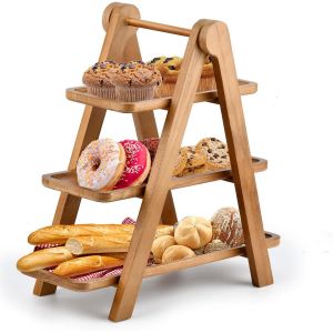 Checarzhn--No1-Présentoir En Bois De Qualité Supérieure Avec Assiettes De Service À 3 Étages, Présentoir À Fruits 3 Étages, Présentoir À Fruits En Bois - Neuf