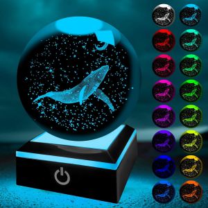 Baleine 3D Et Boule De Cristal Avec Veilleuse Multicolore, Cristal K9 Mini Baleine Mod&egrave;le, Cadeau Pour Enfants Amis Couple Anniversaire Festival - Neuf