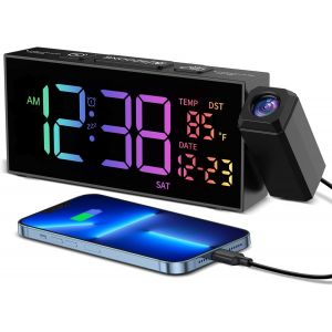 R&eacute;veil num&eacute;rique avec projection,r&eacute;veil avec projecteur &agrave; 350&deg;,thermom&egrave;tre,date,grand affichage,10 sonneries,snooze,4 luminosit&eacute;,4 volumes,manuel DST,r&eacute;veil fort (RVB) - Neuf