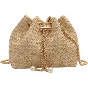 TZF-Sac a Main Femme Pochette en Paille Tiss&eacute;e Plage d'&Eacute;t&eacute; Embrayage Soir&eacute;e Sacs &agrave; Bandouli&egrave;re avec Cha&icirc;ne M&eacute;tal pour F&ecirc;te Mariage Vacances Boule - Neuf