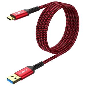 TRAHOO-USB C C&acirc;ble, USB 3.0 USB-A vers USB-C 10 Gbit/s C&acirc;ble en Nylon Tress&eacute; de Type-C Compatible avec iPhone 17/16/15 Pro Max, Galaxy S24 S23 S22, Android Auto - Rouge, 1.5m, 1Paquet - Neuf