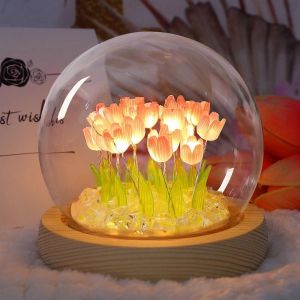 Tulip Lumi&egrave;re De Nuit - Assembl&eacute; En Verre D&eacute;coratif Lampe Avec Base En Bois Pour La D&eacute;coration De La Chambre, De No&euml;l Et De Cadeaux D'anniversaire Pour Les Filles - Neuf