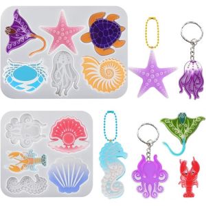 2 Pi&egrave;ces Moule R&eacute;sine Porte-Cl&eacute;s Moulage Silicone Pendentif Epoxy Moulle Tortues &Eacute;toile De Mer Coquillage Pieuvre Moule De Coul&eacute;e Animaux Marins Pour Bricolage Artisanat - Neuf