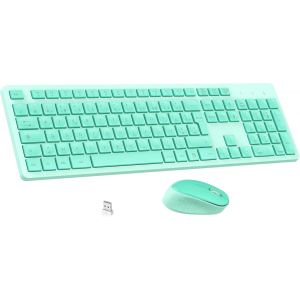Ensemble Clavier Et Souris Sans Fil, Ultra Mince And Silencieux Clavier Azerty Français Pleine Taille 2.4G Avec Récepteur Usb Pour Pc, Ordinateur Portable, Windows, Mac-Vert Menthe - Neuf
