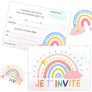 Mevronisshop-12 Cartes D'invitation Pour Les Anniversaires D'enfants, Carte Anniversaire Color&eacute;e, Invitations De F&ecirc;te, Carte Invitation Anniversaire Fille, Invitation &Agrave; Un Anniversaire Arc-En-Ciel - Neuf