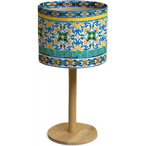 Kal-Lampe De Chevet Chambre Lampe De Table Salon Veilleuse D'ambiance Abats-Jour Design Multicolore Lumiere E14 Led Lampe Chevet Originale Pieds Modernes En Bois Lampes De Salon (Patio Print, 1 Pièce - Neuf