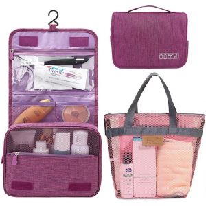 MAA-Trousse de toilette de voyage portable à suspendre pour homme et femme, 1 trousse de toilette + 1 sac fourre-tout en maille, plusieurs couleurs, rose, Rose, Trousse de toilette - Neuf