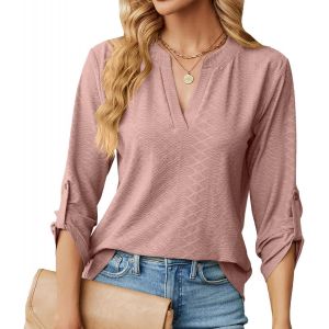 Utigh-Chemisier Élégant À Col En V Pour Femme Chic Chemisier Ample À Manches Enroulables À 3/4 Manches Longues Lâches Hauts Tuniques De Base T-Shirt Blouses(S-Xxl) - Neuf