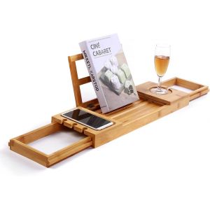 Plateau de bain en bambou naturel avec bras réglables, pour livres, tablettes, téléphones portables, vêtements et nourriture. - Neuf