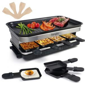 NouvelHorizonstore-Raclette Appareil Raclette Grill 4 6 8 Personnes Machine Fondue Electrique Raclettes 1500 W avec Anti-adh&eacute;sives de Poign&eacute;es 8 Mini Po&ecirc;les, 4 Spatule en Bois - Neuf