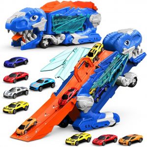 Camion Dinosaure Transformable avec 8 Voitures &ndash; Jouet Transporteur 2 en 1, Piste & Stockage - Neuf