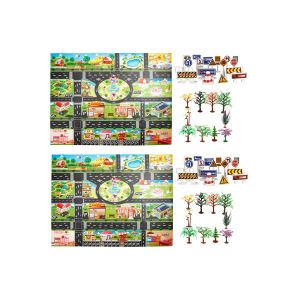 Tapis de jeu sur le th&egrave;me de la ville avec panneaux de signalisation et circuit de voitures, incluant 10 arbres, 130 x 100 cm, pour les enfants &agrave; partir de 4 ans. - Neuf