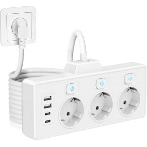 Multiprise &agrave; 3 prises avec interrupteur, cube multiprise, 3 prises avec 3 ports USB et 1 port USB-C, adaptateur de prise pour bureau, maison - C&acirc;ble de 1,5 m - Neuf