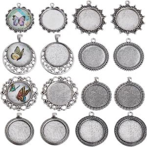 KAL-Boîte De 16 Pcs Cabochon Lunettes Style Vintage Antique Argent Blanc Lunette Plateaux Plat Rond Charme Pendentif Plateau Charmes Mémorial Photo Vierges Lunette Pour Bricolage Bouquet De Ma - Neuf